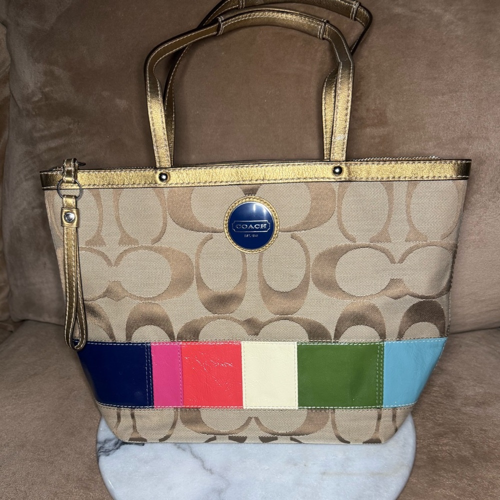Y2K COACH Signature Legacy Stripe Tote F15588 • Khaki & Multicolor • Gold Trim